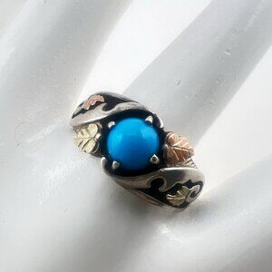 Black Hills Gold Ring Turquoise 12K Sterling Silver Size 9 Blue Leaf Cabochon
